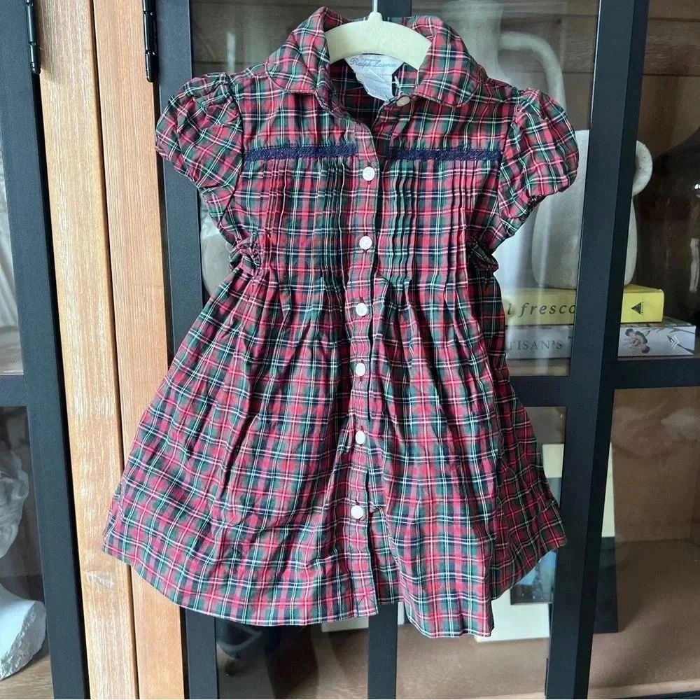 Ralph Lauren baby girl tartan plaid dress bow embroidered short sleeves holidays